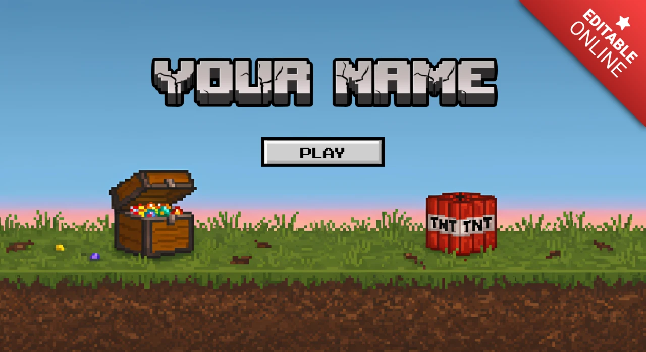 Plantilla de diseño de interfaz de juego pixel art con botón de reproducción y elementos interactivos