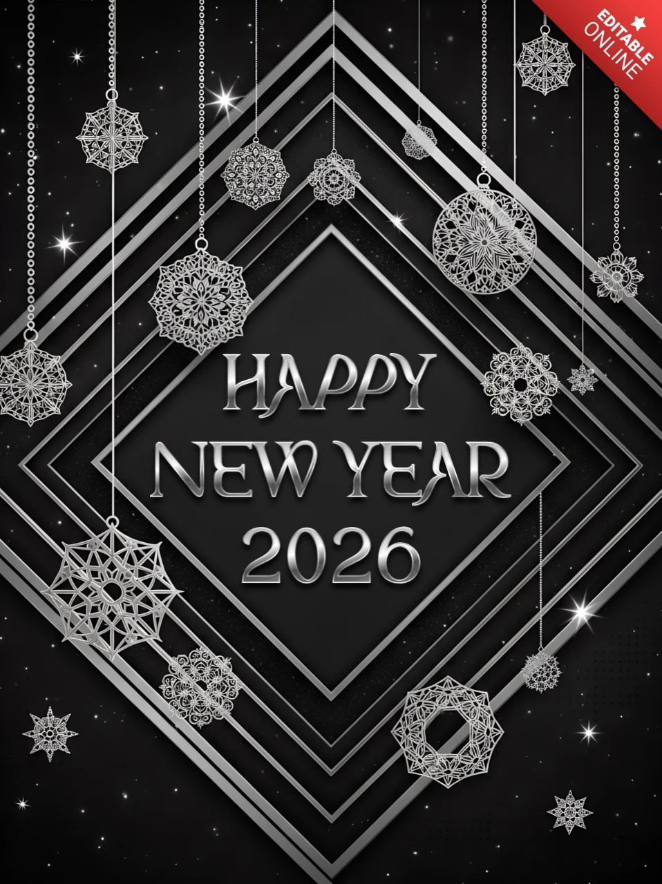 Art Deco Silver New Year Greeting Card Template with Snowflake Design
