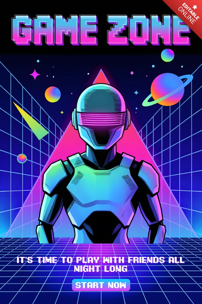 Plantilla de diseño de zona de juego retro futurista para cartel de evento de videojuegos.