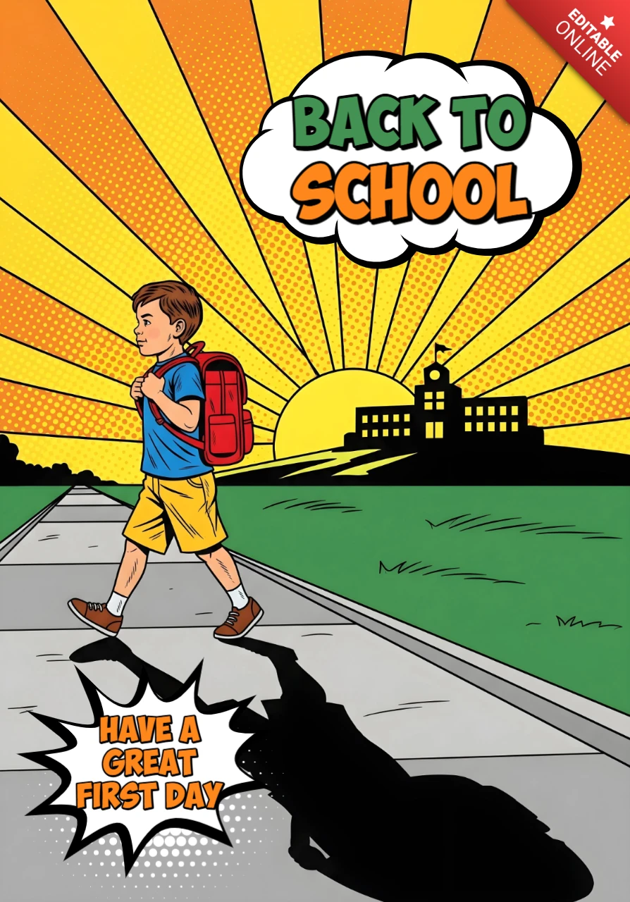 Affiche de conception de modèle d'élève de retour à l'école marchant vers l'école avec un arrière-plan de lever de soleil et un sac à dos rouge.