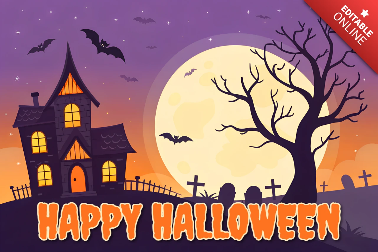 Spooky Halloween Design Template with Haunted House and Moon for Party Invitations