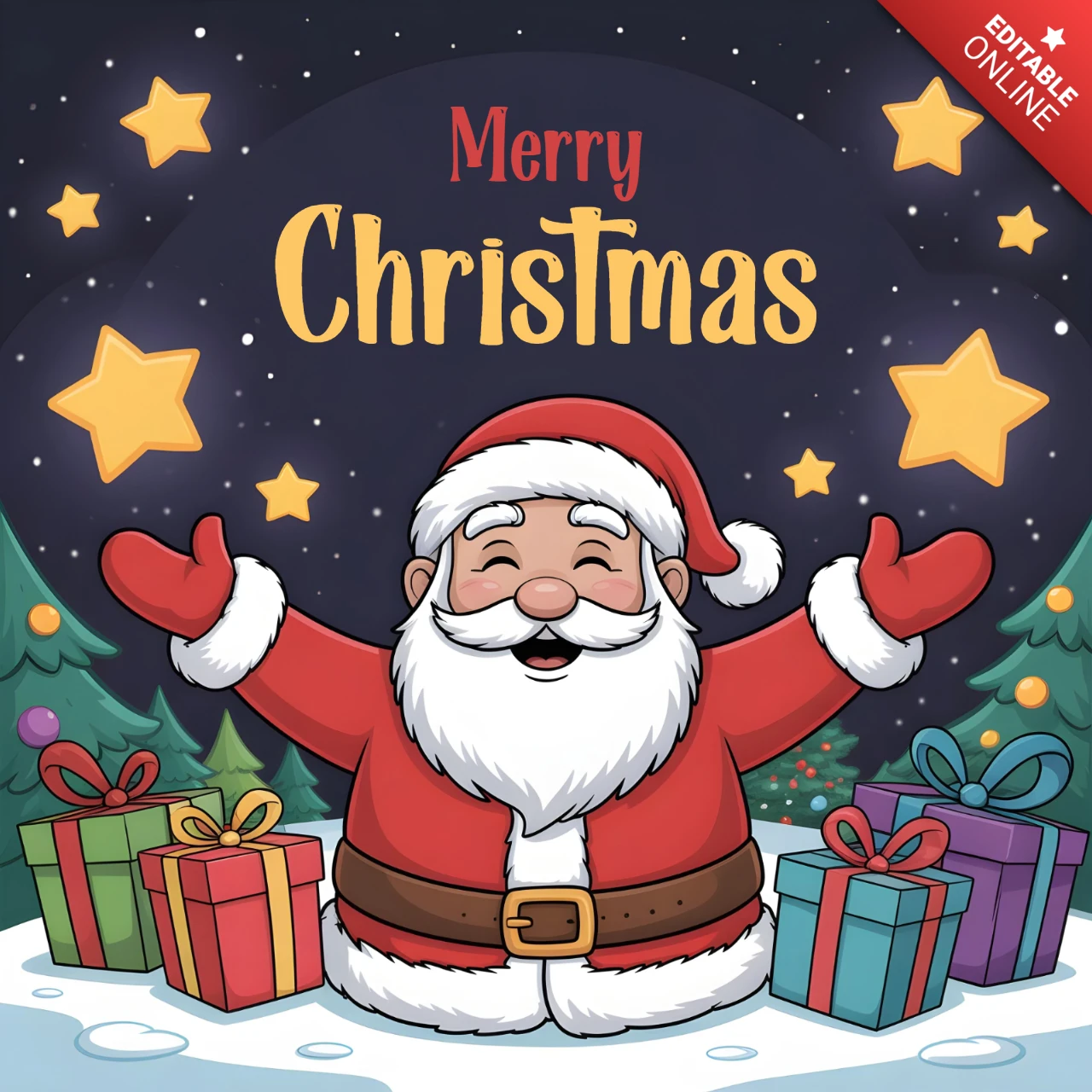 Póster navideño de Santa Claus celebrando entre cajas de regalos y árboles decorados bajo un cielo nocturno estrellado, plantilla de diseño.