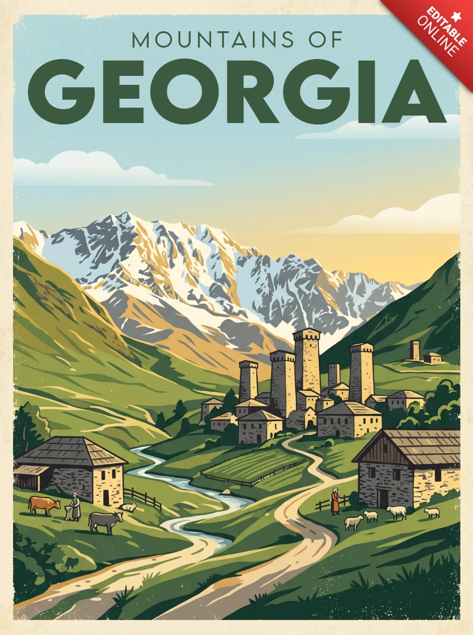 Georgia Retro Vintage Nature Poster Mountains of Georgia Scenic Mountain Valley River Historic Towers Rustic Houses Adventure Travel Wall Illustration