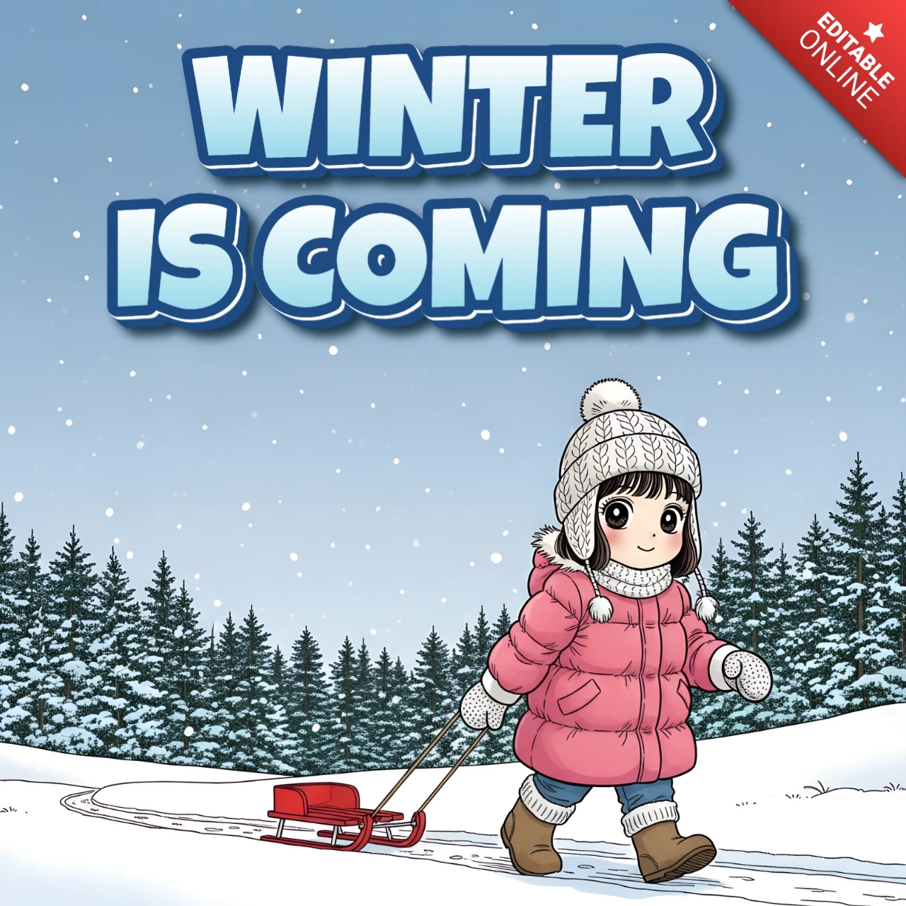 Winterwunderland-Designvorlage für Kinderbekleidung mit einem rutschenden Mädchen