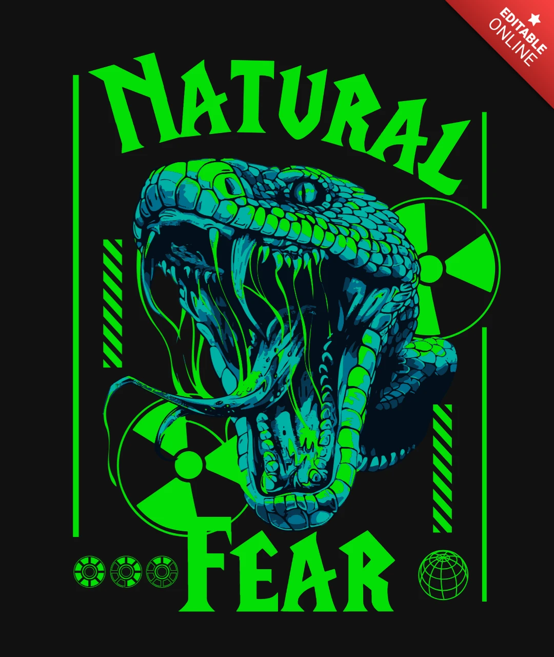 Conception de t-shirt avec un graphisme de serpent à bouche ouverte et des symboles de danger verts.