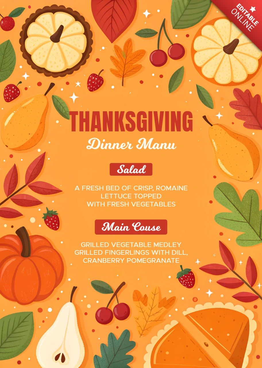 Modèle de design de menu de Thanksgiving avec des feuilles d'automne et une citrouille pour des flyers festifs
