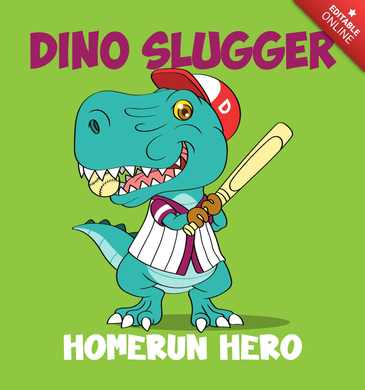Çocuklar için komik giysiler için Dino slugger beyzbol tasarım şablonu