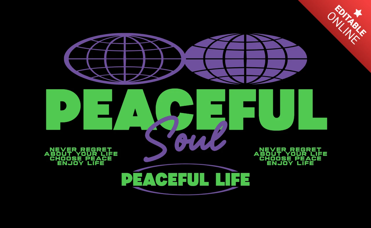 Design de camiseta com gráfico de afirmação consciente "alma pacífica, vida pacífica" com símbolos de globo.