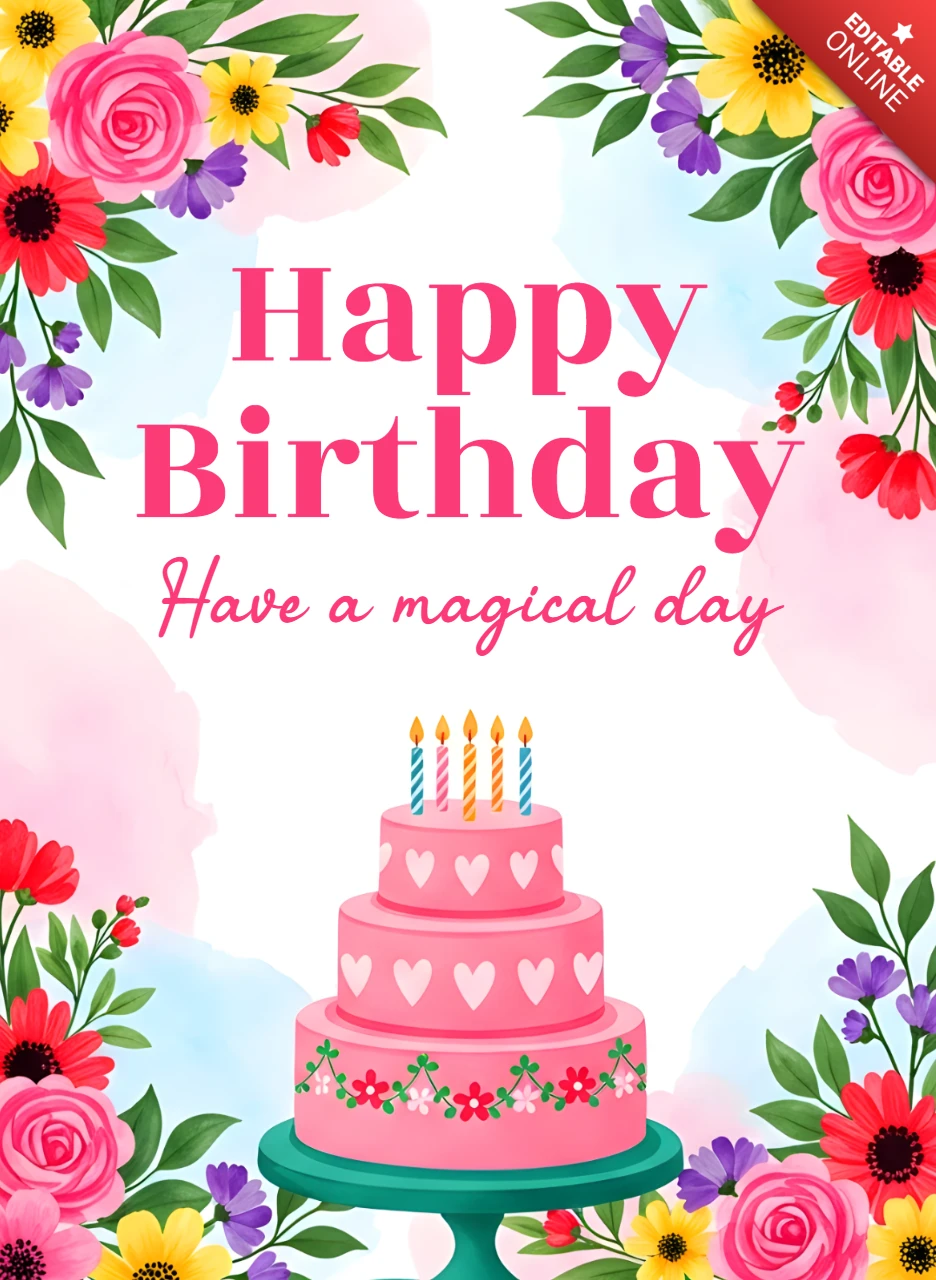 Modèle de carte de vœux avec design floral de gâteau d'anniversaire