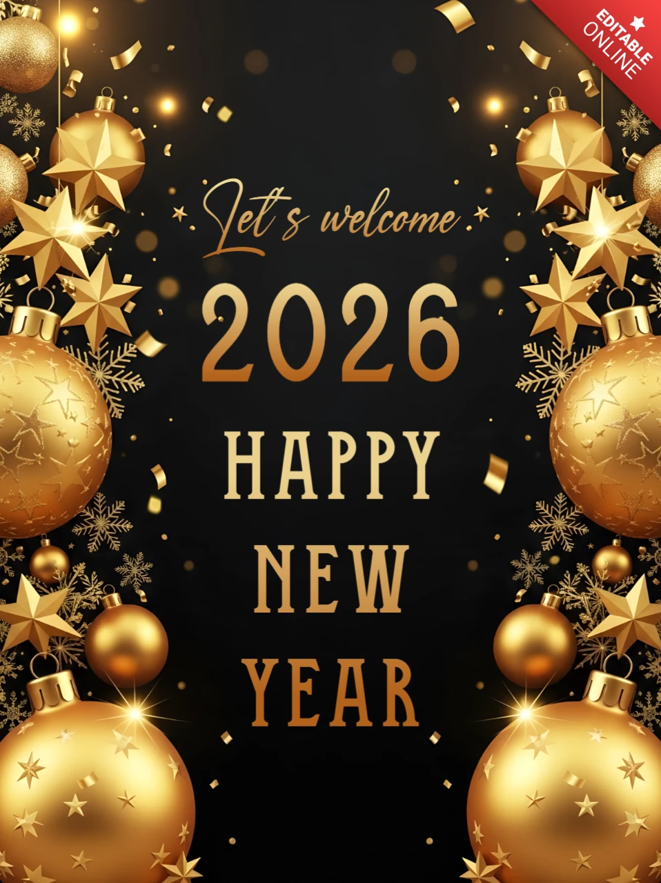 Elegant New Year Celebration Template with Golden Ornaments Design for Greeting Cards