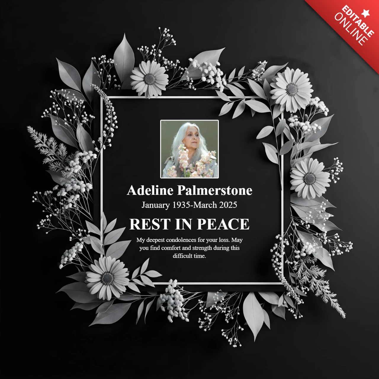 Poster funebre elegante nero con foto e fiori bianchi ornamentali, design template di simpatia riposa in pace
