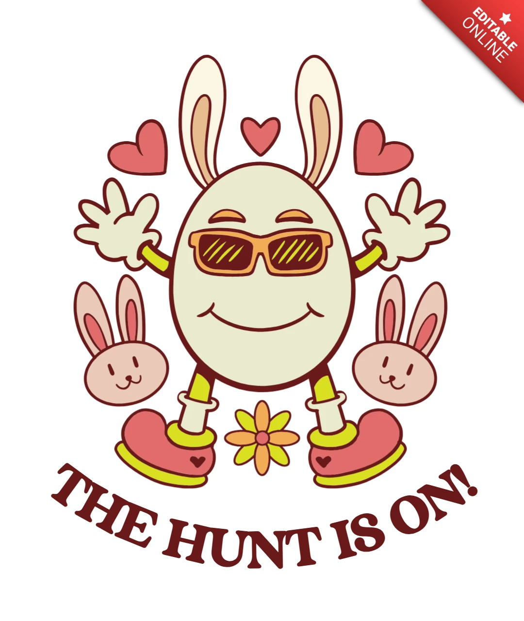 The Hunt Is On Cartoon Bunny Trio with Hearts & Flower T-Shirt Design Template