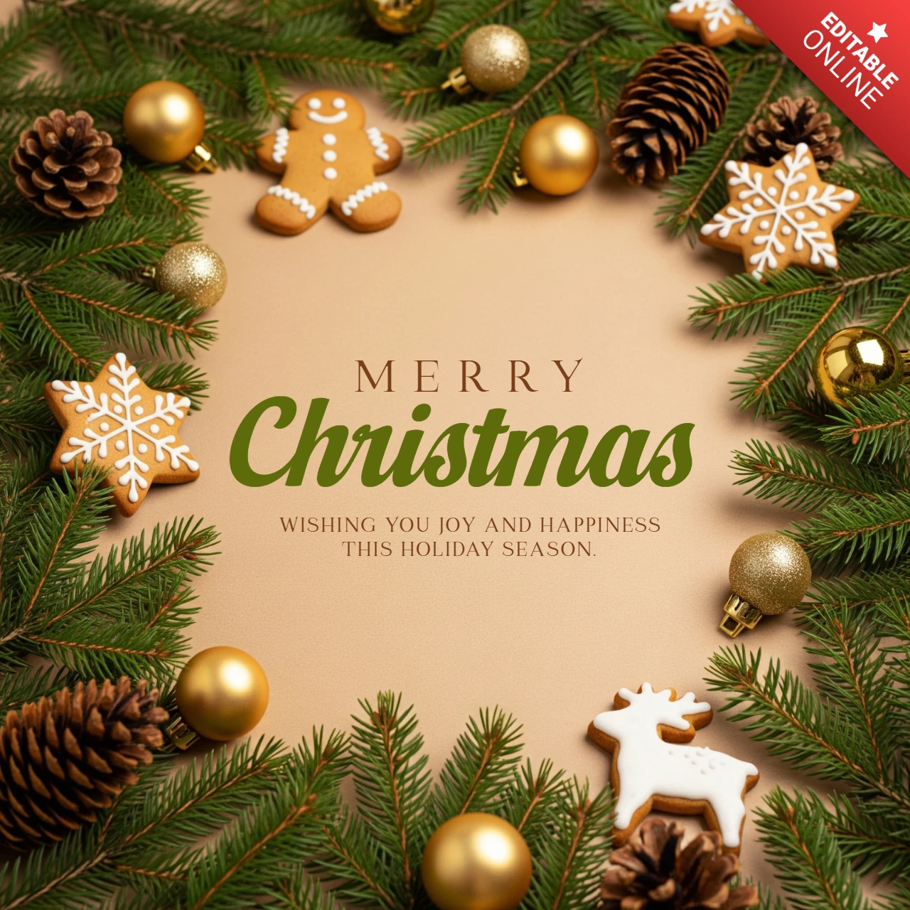 Carte de Noël joyeuse avec une guirlande festive de biscuits et de pommes de pin encadrant un message de vœux de joie et de bonheur, modèle de design.