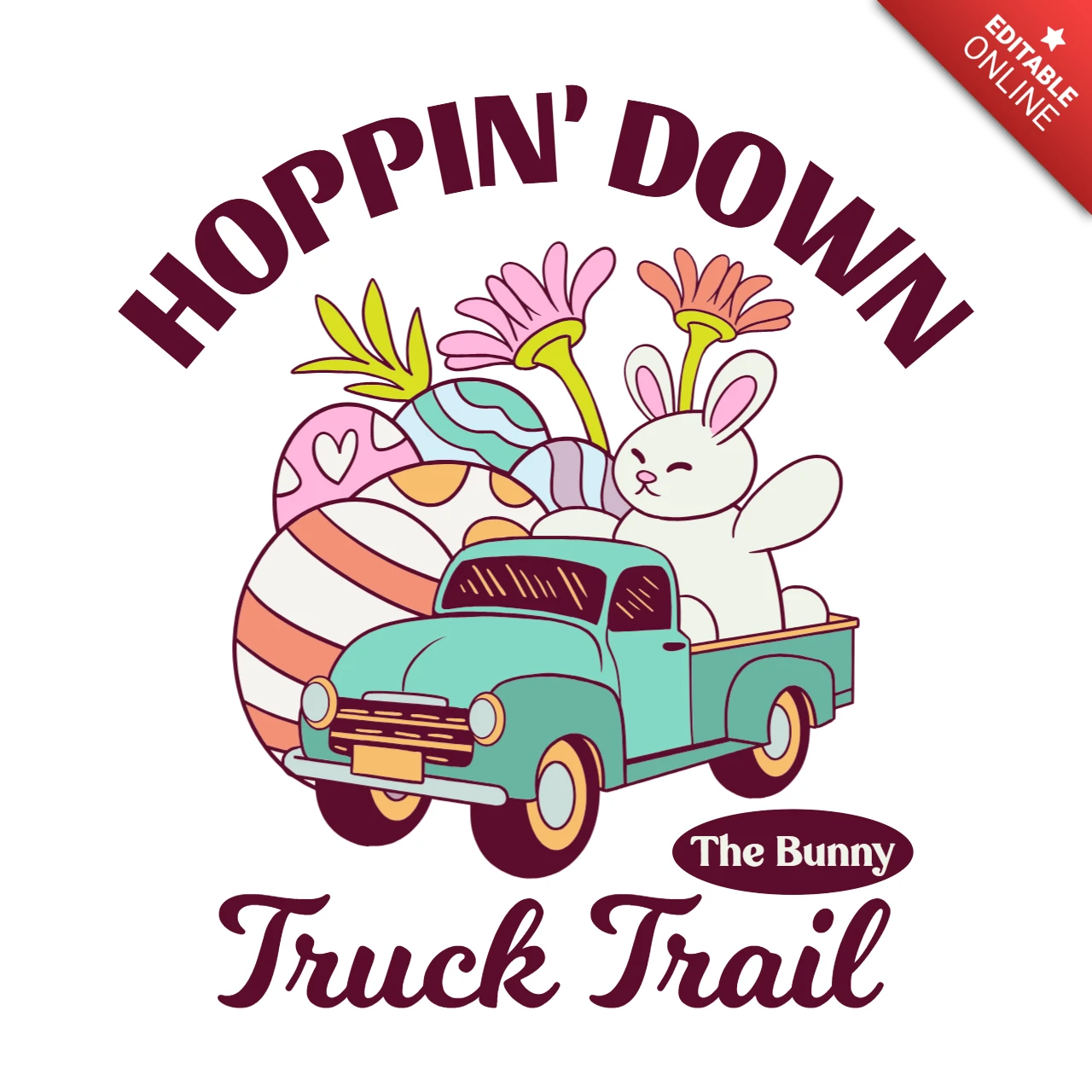 Spring Bunny Road Trip Vintage Truck with Eggs & Flowers T-Shirt Design Template