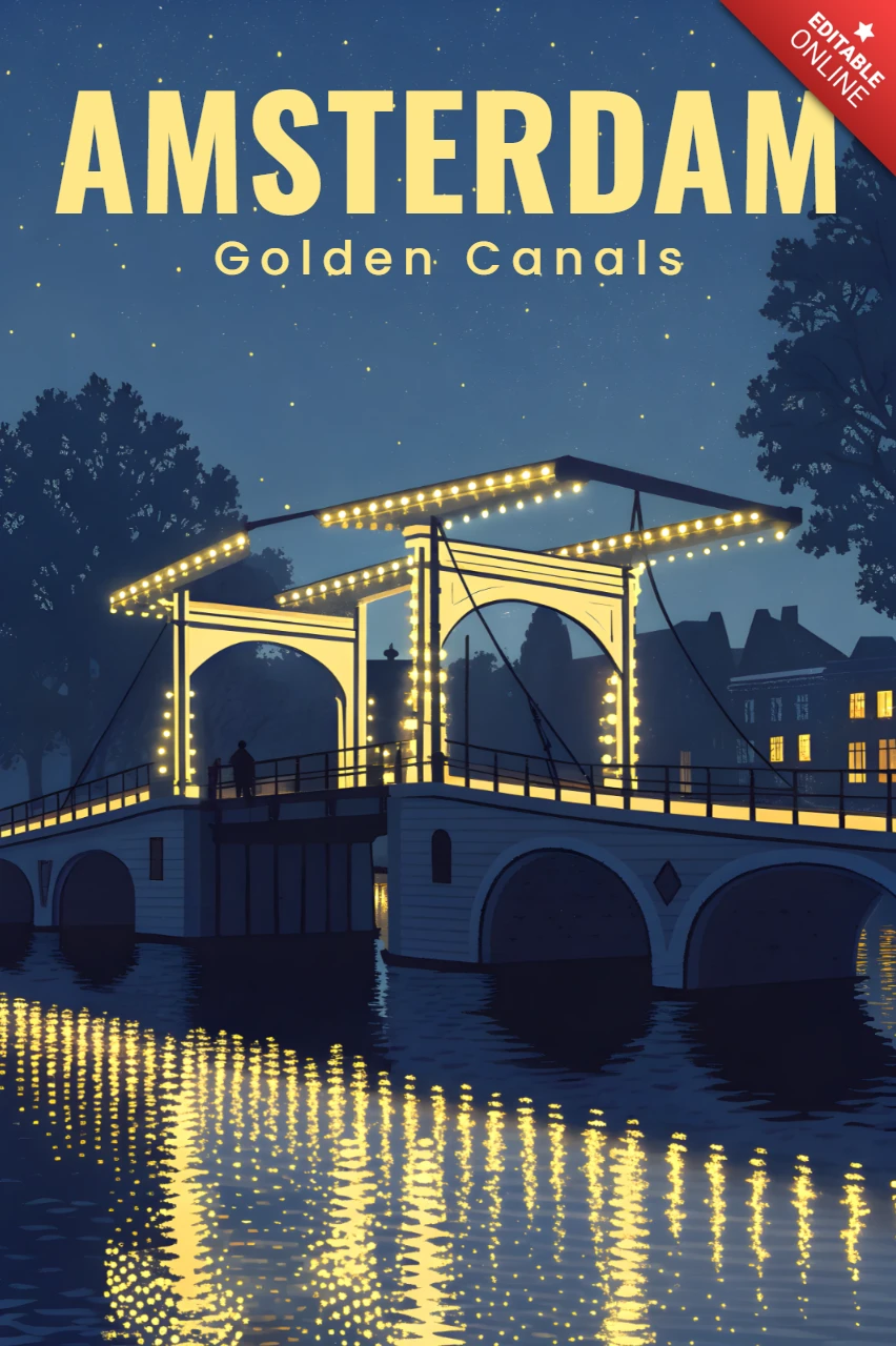Amsterdam goldene Kanäle Vintage-Design-Vorlage für retro Flachposter