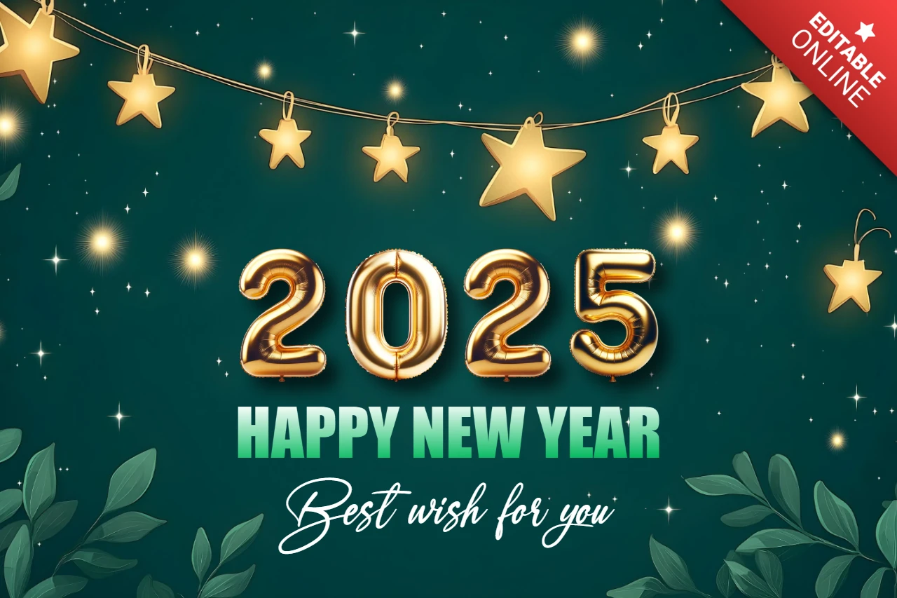 Yeşil ve altın yıldızlar mutlu yıllar 2025 kart tasarım şablonu