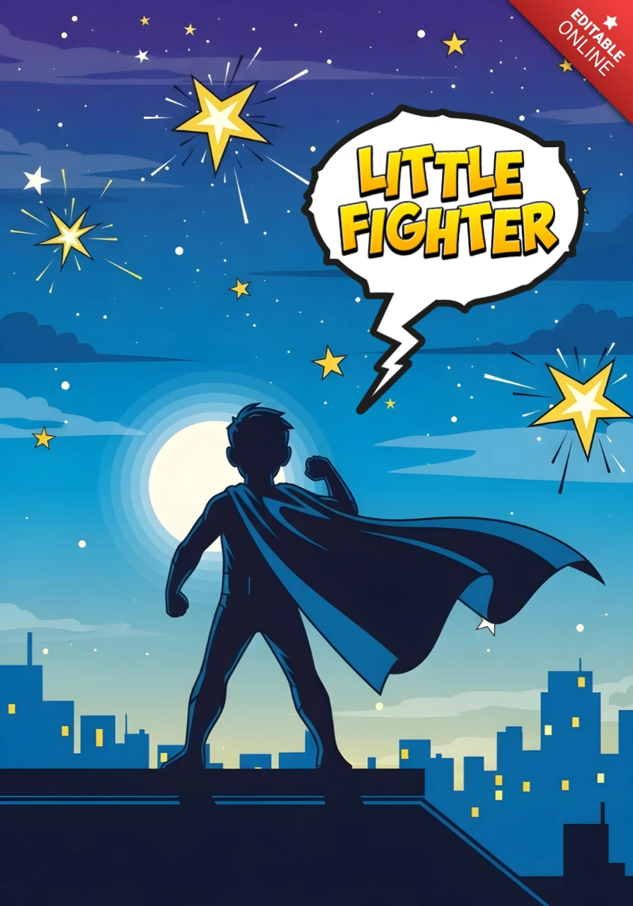 Little Fighter Rooftop Superhero Silhouette with Night Sky & Moon Poster Design Template