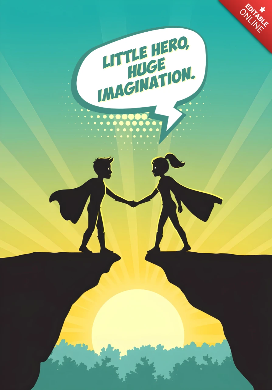 Little Hero Huge Imagination Silhouetted Kids Reaching Across Cliffs at Sunrise Poster Design Template