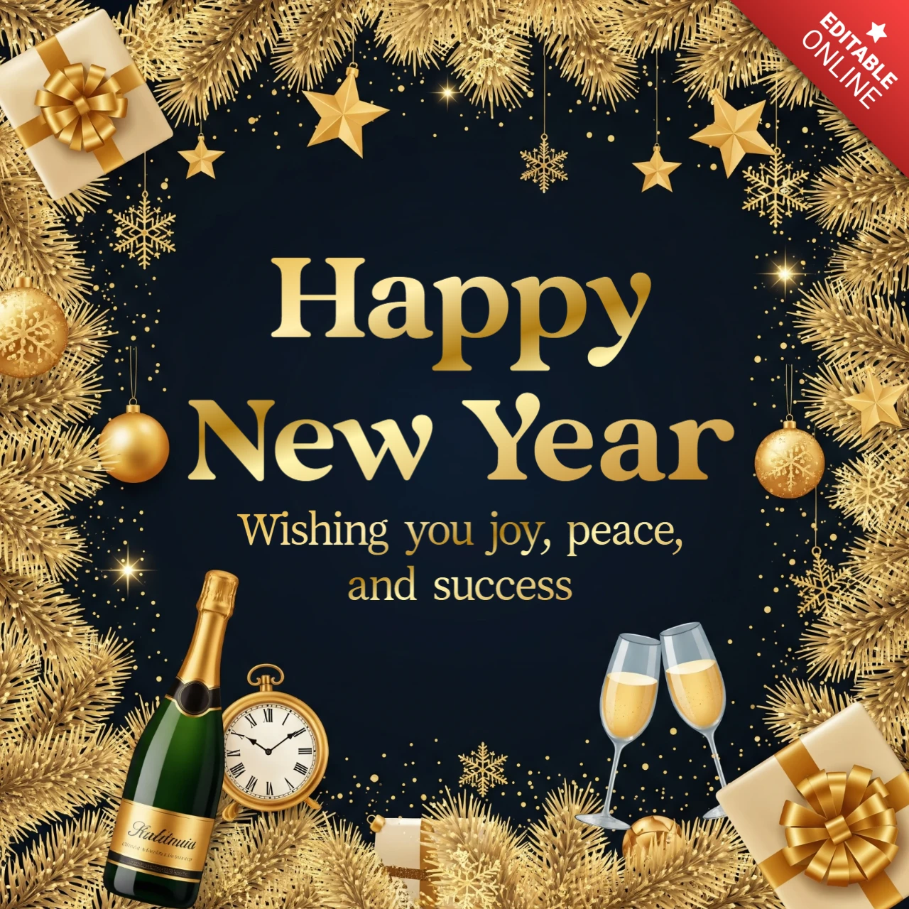 Celebration Layout with Champagne Glasses, Countdown Clock, and Gift Boxes Happy New Year 2026 Card