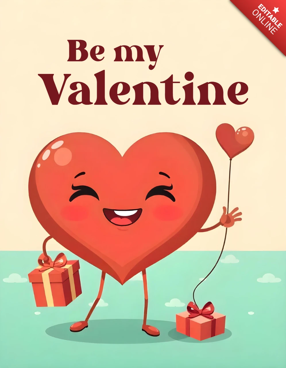 Incantevole modello di biglietto di San Valentino con simpatico personaggio a cuore e regali
