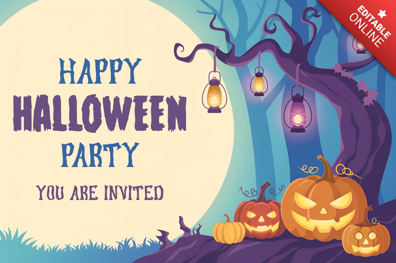 Modelo de convite para festa de Halloween com design de lanternas e abóboras divertidas.