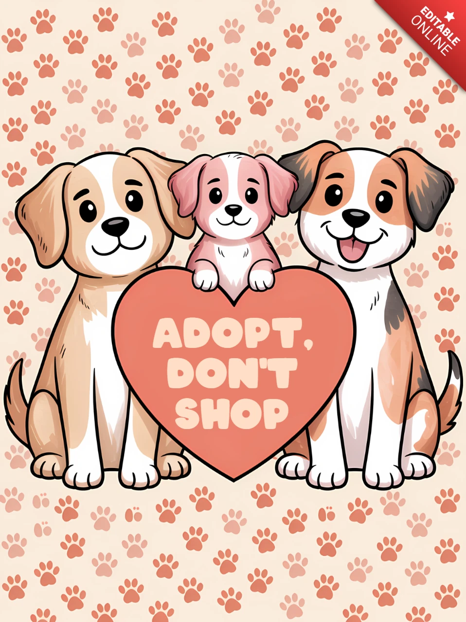 Plantilla de diseño de adopción de mascotas juguetonas para carteles con perros y corazón