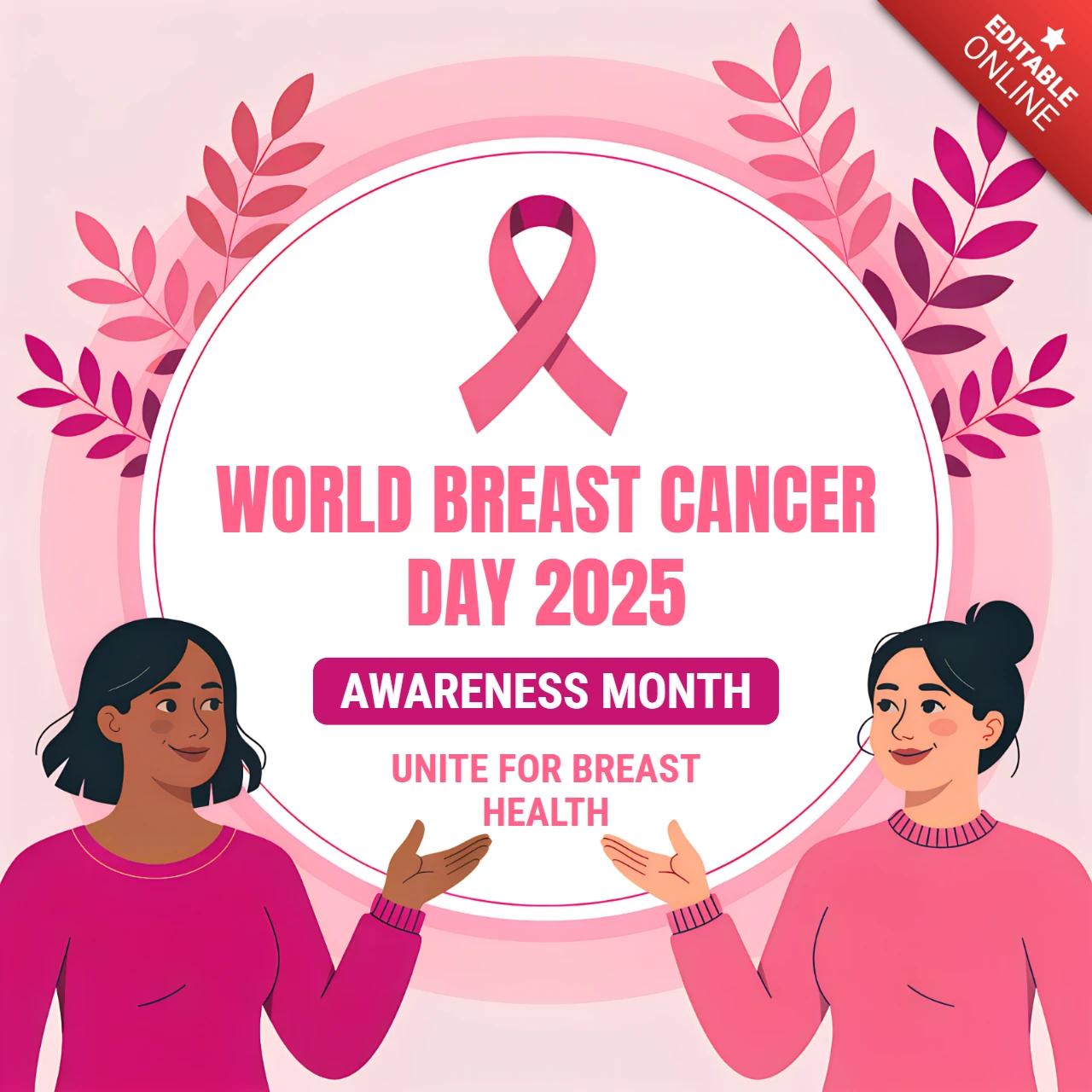 Plantilla de diseño para carteles del mes de concienciación sobre el cáncer de mama que presenta a mujeres solidarias y un lazo rosa.