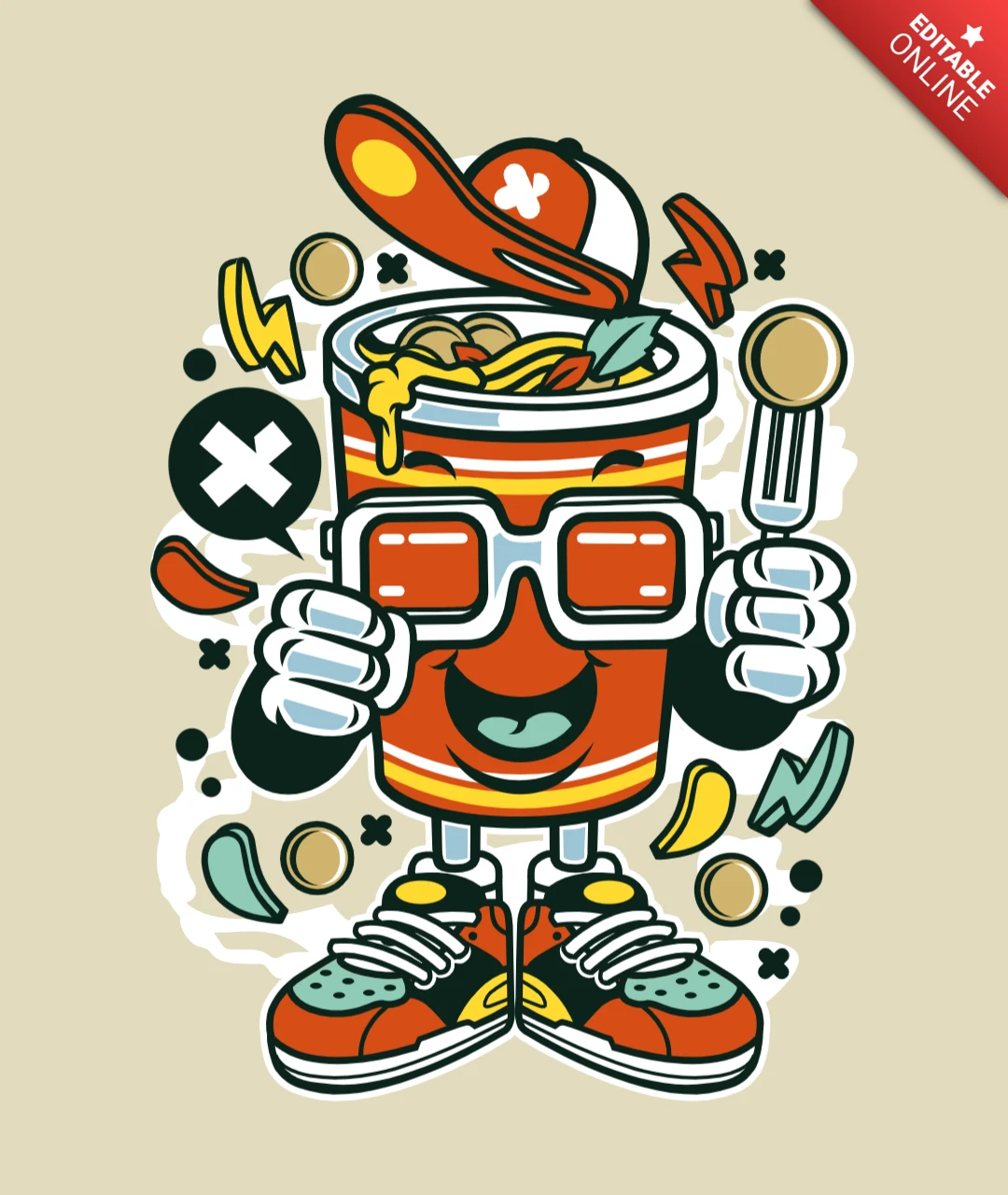 Plantilla de diseño de camiseta con personaje de dibujos animados de taza de fideos