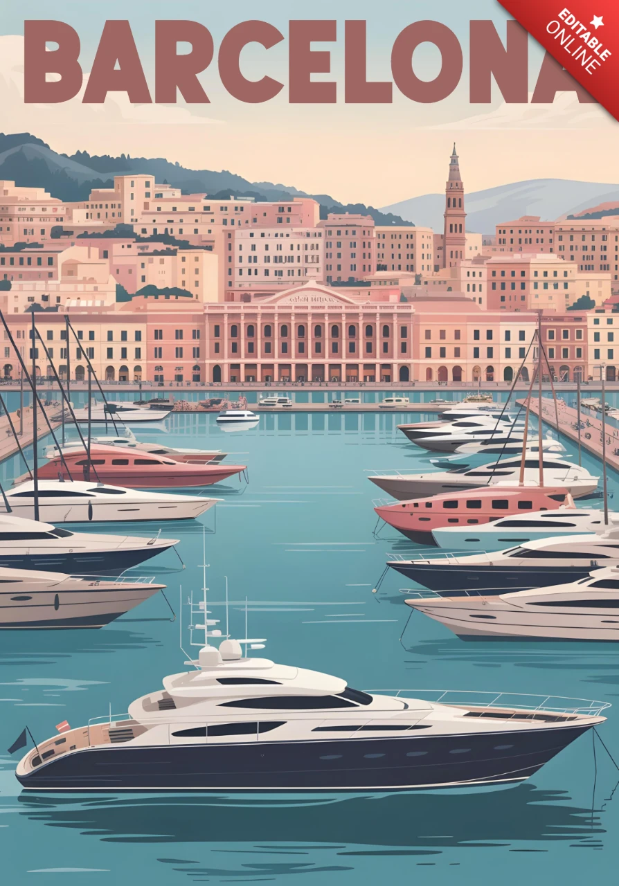 Scène de marina avec des yachts de luxe et une architecture classique modèle de design d'affiches de voyage à Barcelone.