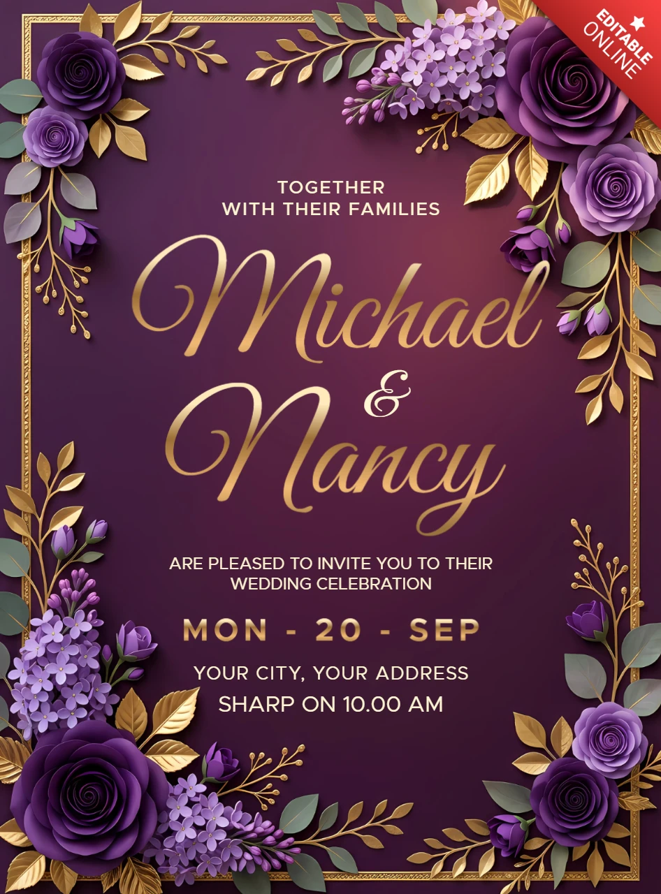 Modèle de carte d'invitation de mariage de luxe violet et or avec cadre floral élégant de roses et de lilas