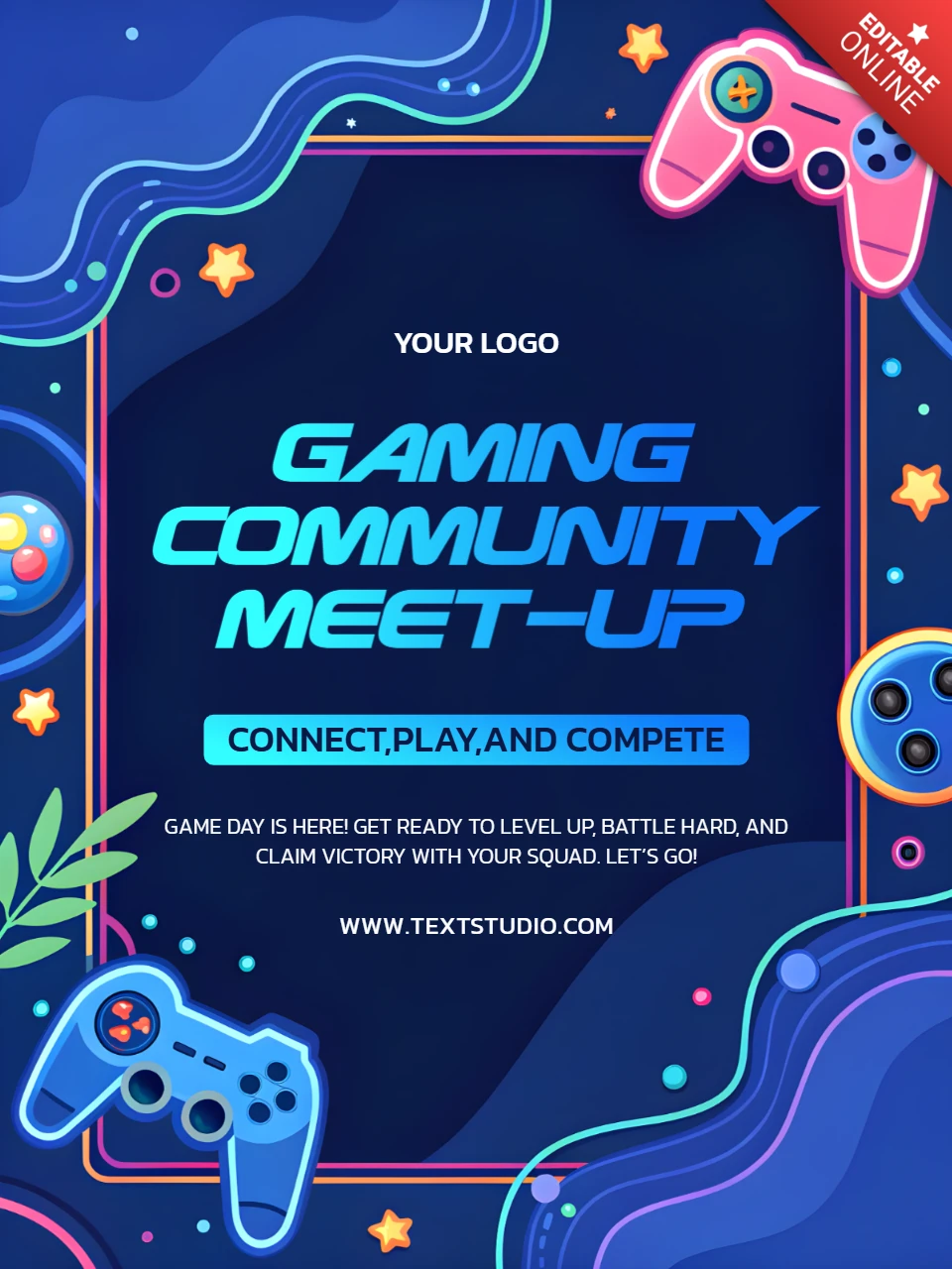 Gaming-Community-Treffen-Vorlage mit buntem Gamecontroller-Design zur Veranstaltungsförderung