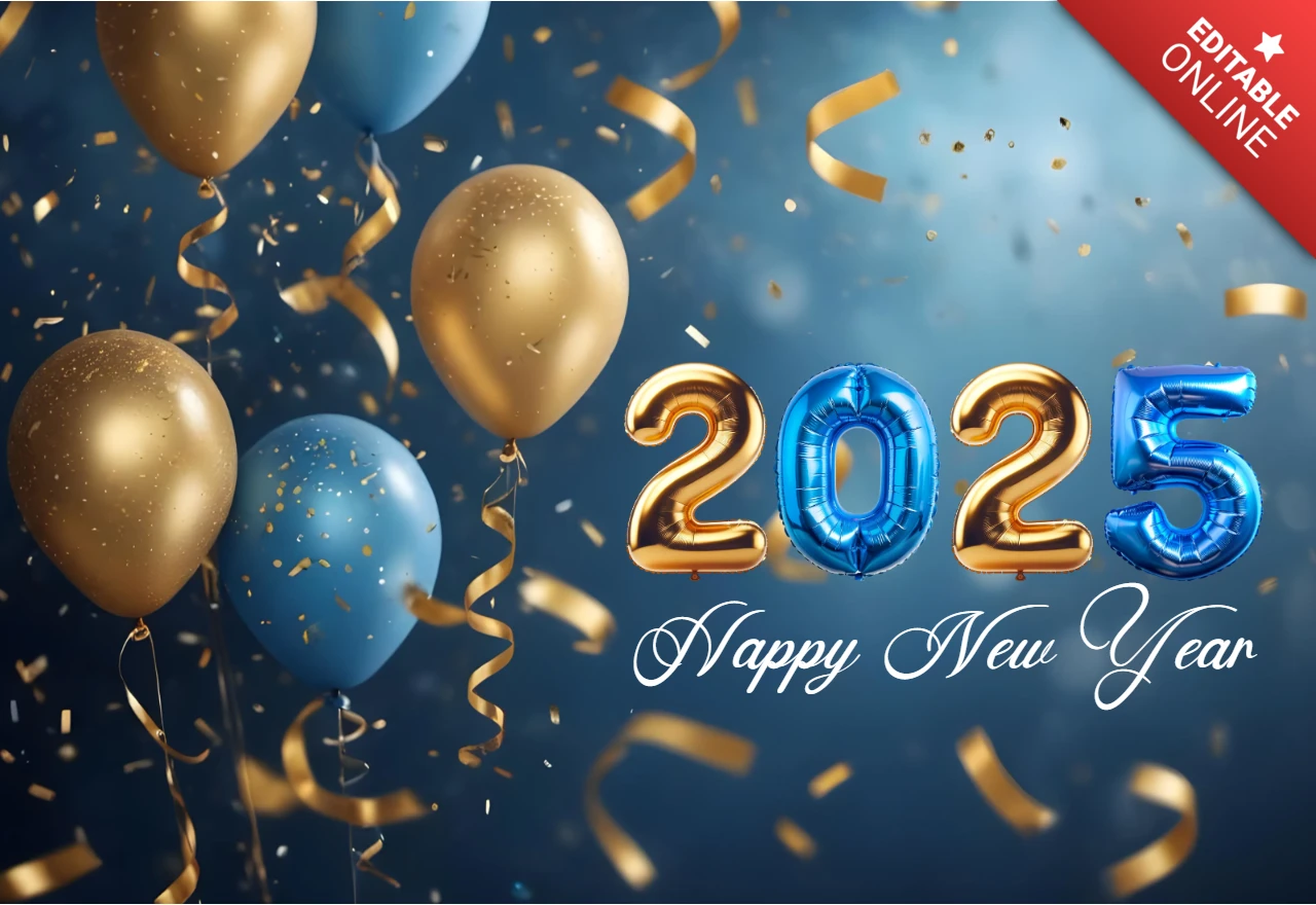 Festive Blue and Golden Balloons Ornaments Happy New Year 2025 Design Template