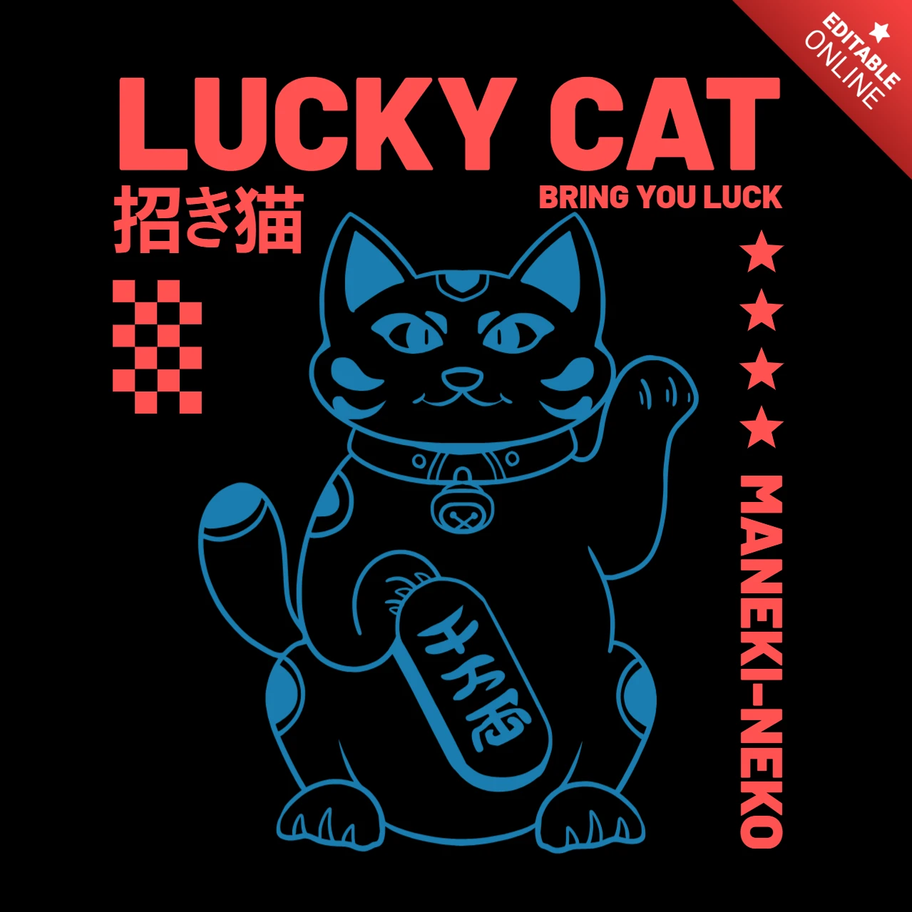 Camiseta com design de símbolo de fortuna japonês maneki neko gato da sorte.