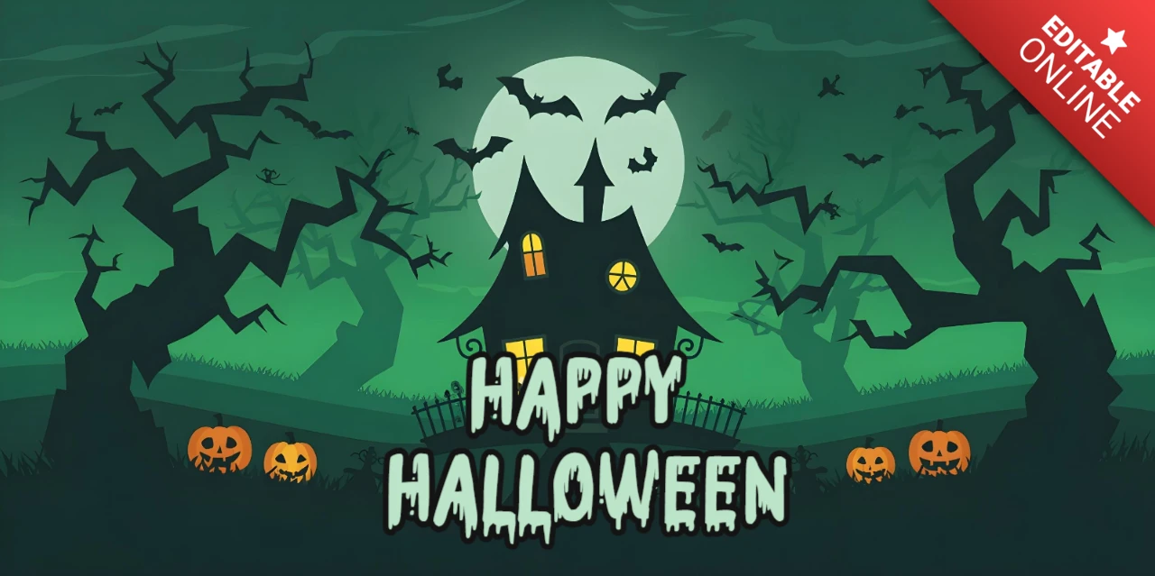 Halloween Haunted House Glowing Windows, Full Moon & Twisted Trees Youtube Cover Design Template