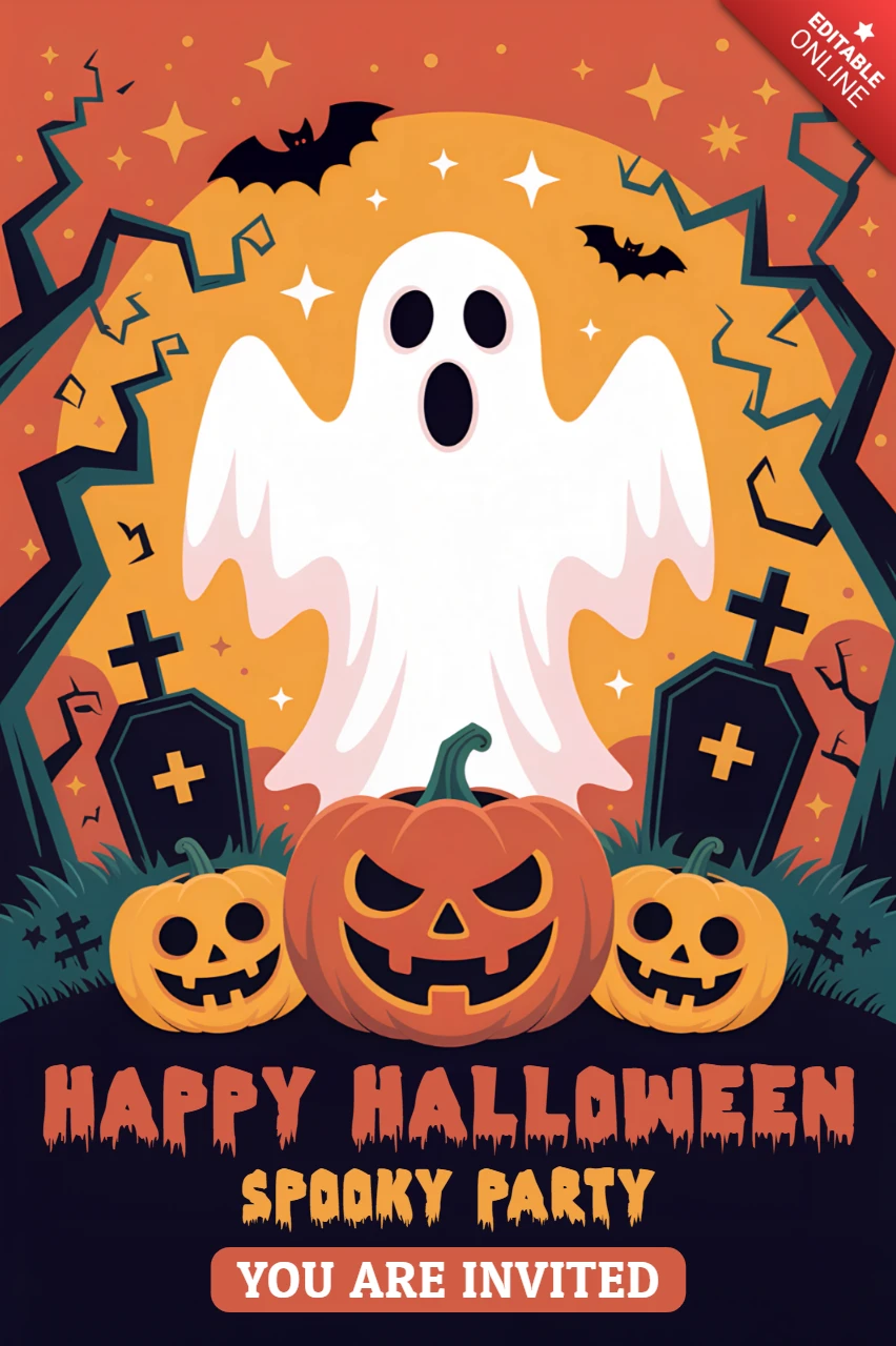 おばけとカボチャのデザインの不気味なハロウィンパーティー招待状テンプレート