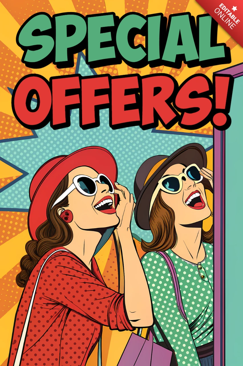 Template promocional de pop art para design de folheto de ofertas especiais