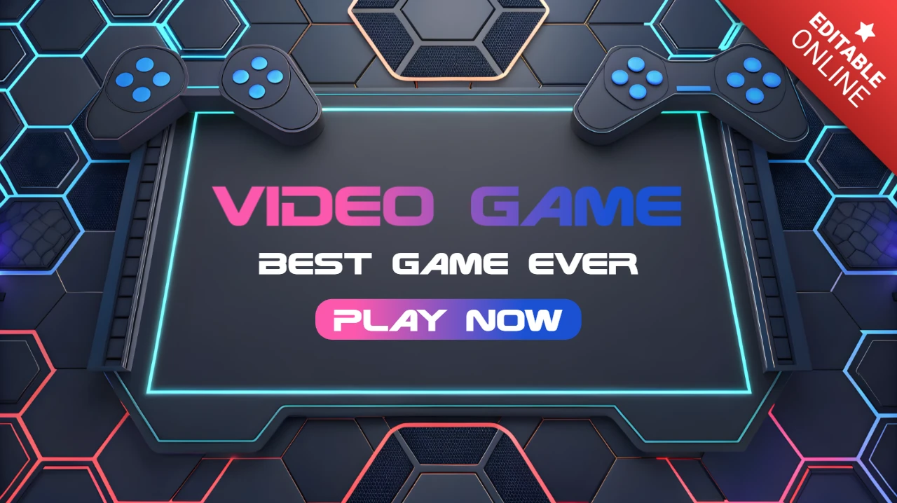 Video Game Design Template with Game Controllers and Neon Hexagonal Background
