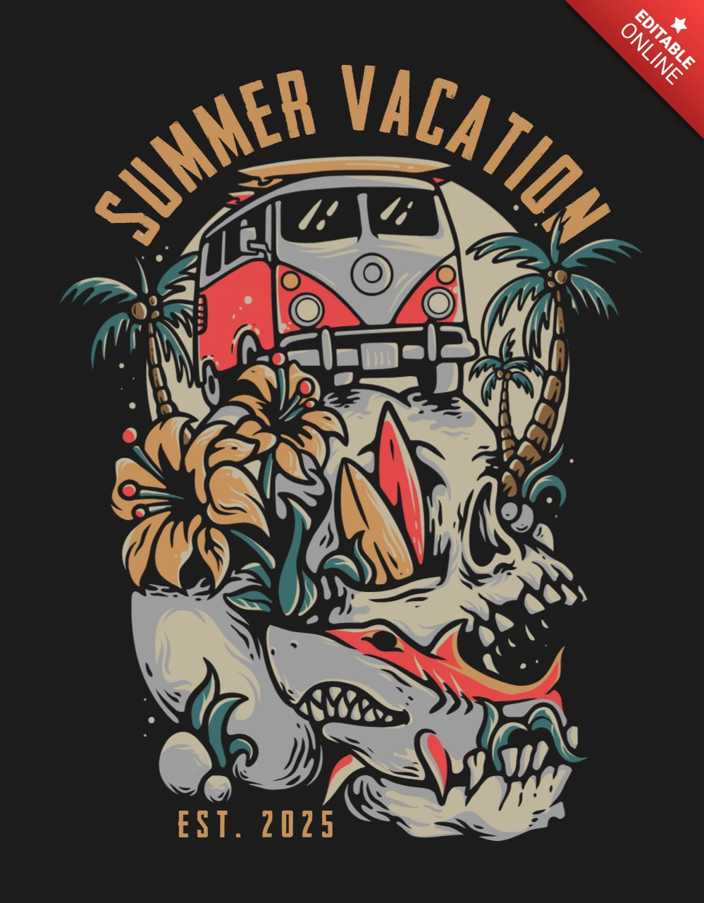 Summer Vacation Skull Vintage T-shirt Design Template