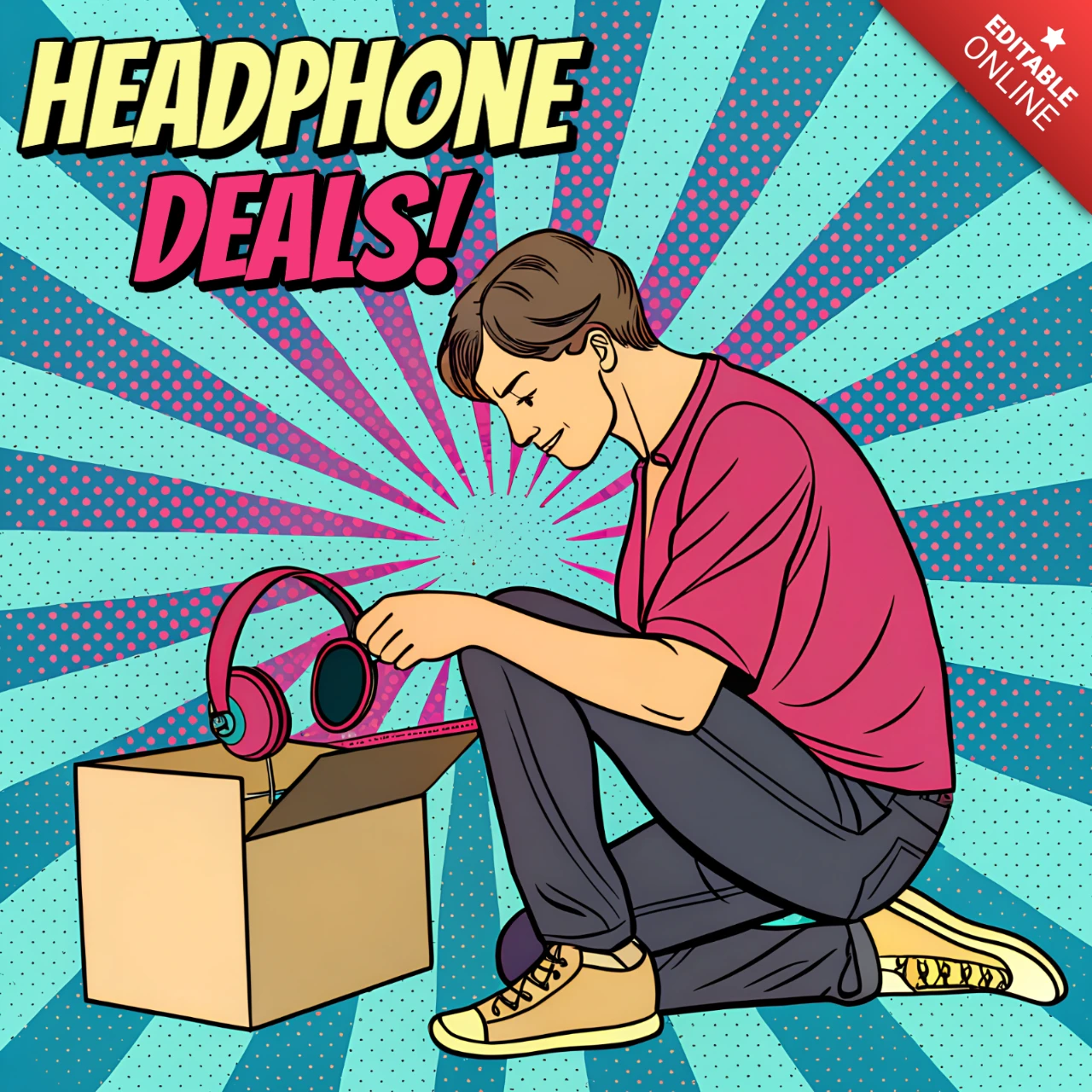 Template di design pop art per volantino promozionale di offerte su cuffie