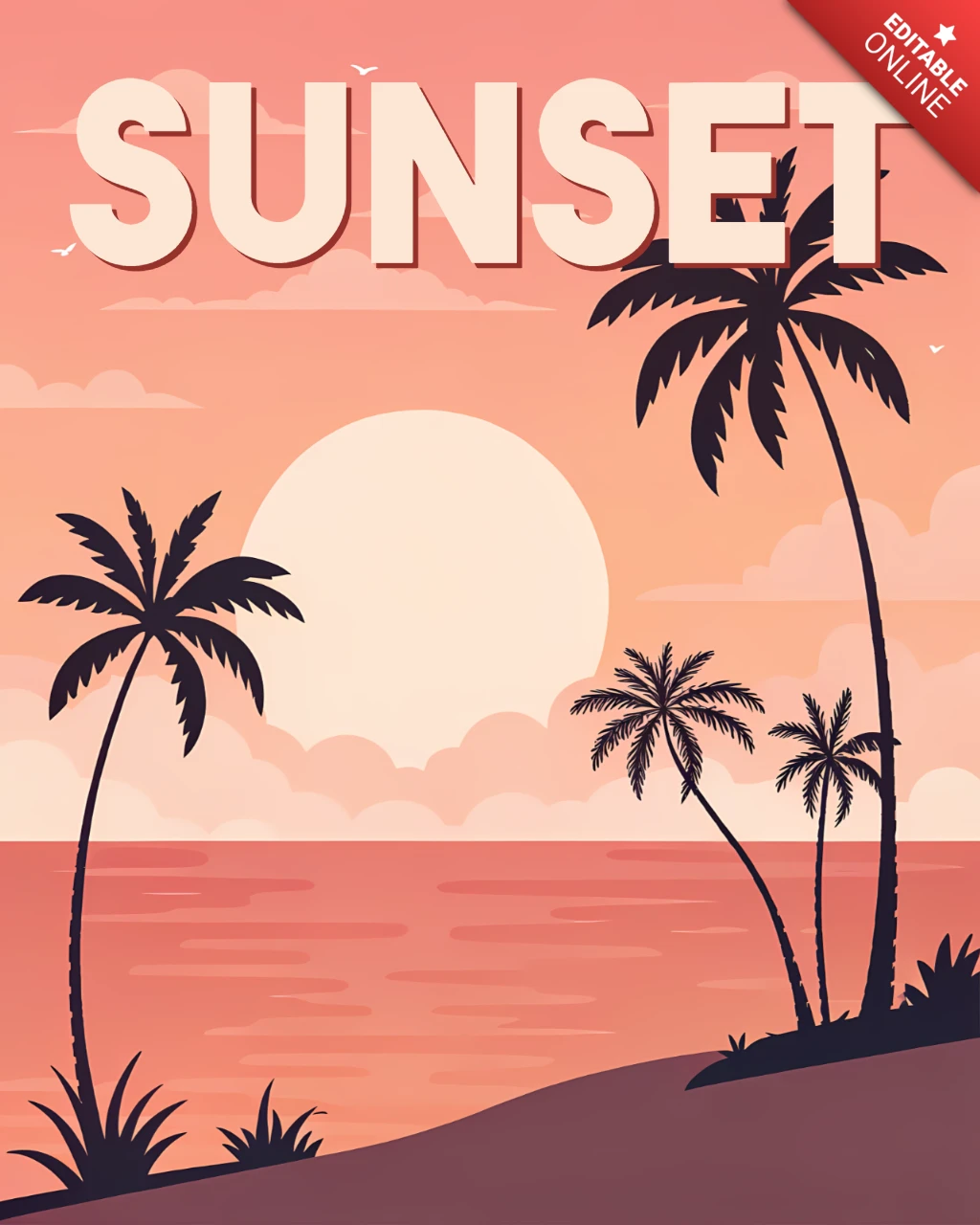 Modèle de carte postale tropicale de plage au coucher de soleil californien en design rétro plat