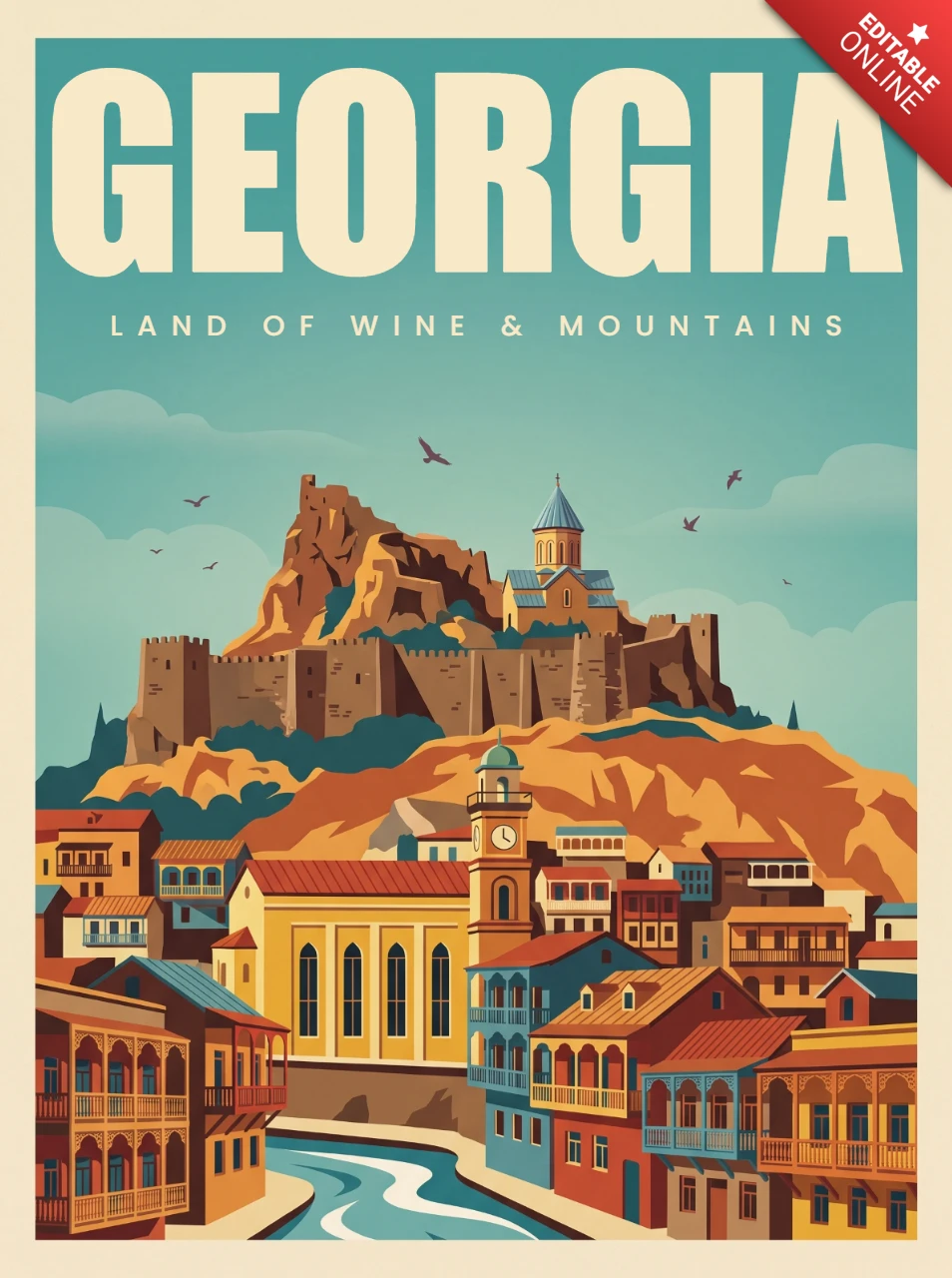 Vintage Retro Georgia Travel Wall Art Print Land of Wine and Mountains Poster Scenic Cityscape River Valley Historic Buildings Adventure Landscape