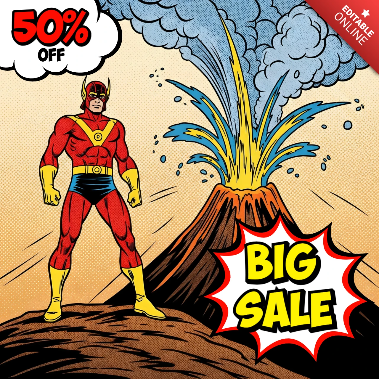 Superhelden-Verkauf Comic-Stil Vulkan-Szene mit rot-gelbem Helden-Sternenstrahl-Design-Vorlage für Werbeflyer