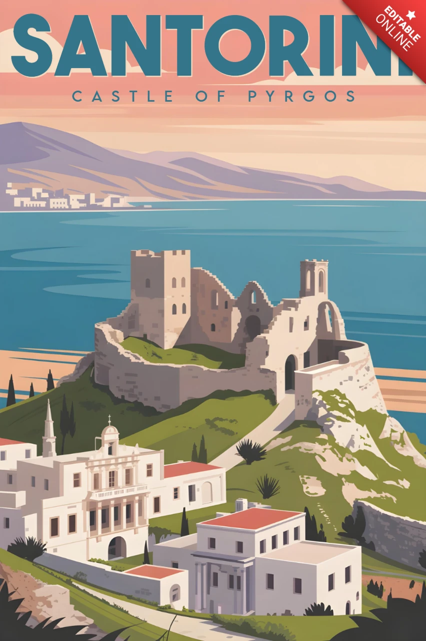 Castelo de Pyrgos com ruínas no topo da colina e vista costeira, modelo de design de cartazes de viagem de Santorini.