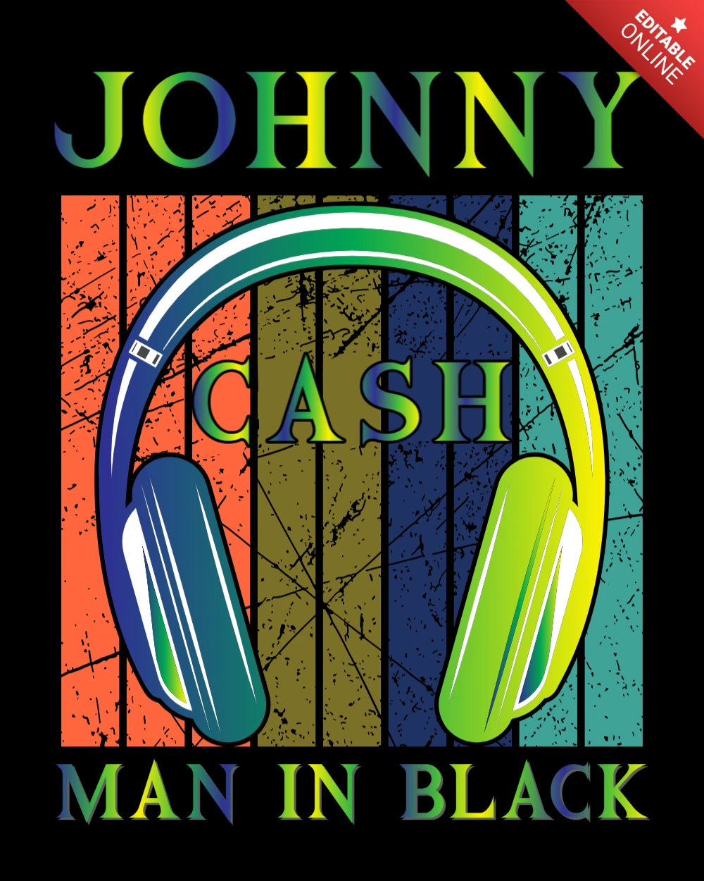 Modello di design musicale retrò con Johnny Cash e le cuffie