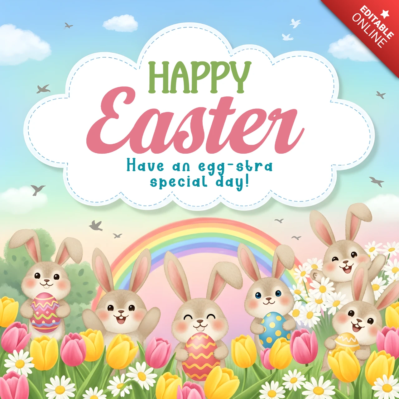 Design de cartaz de Páscoa feliz — seis coelhos com ovos, arco-íris, tulipas, margaridas e arte festiva alegre
