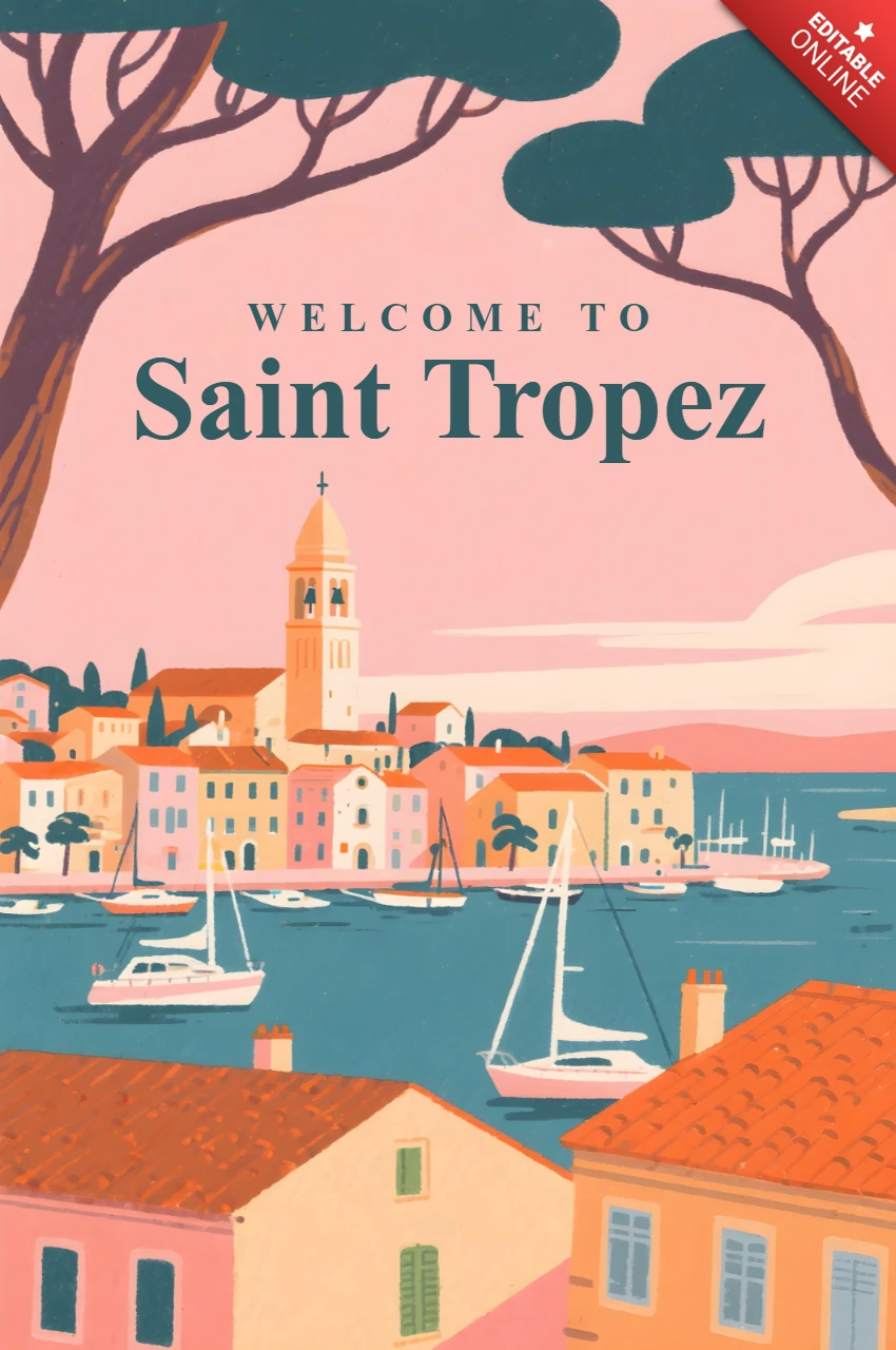 Welkom bij Saint Tropez retro flat design voor afdrukbare posters in roze tinten.