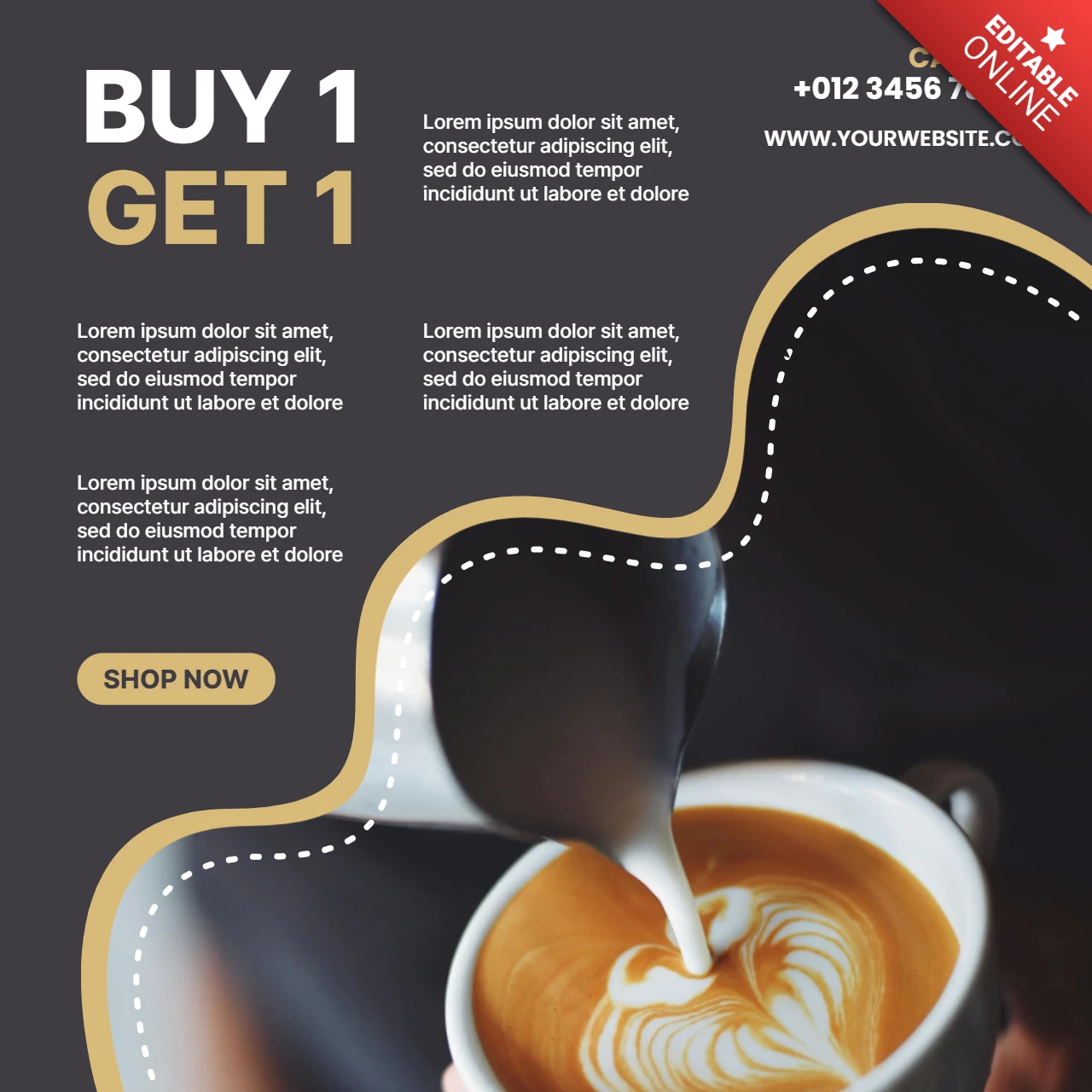 Modello di design di post instagram per la vendita di caffè "Buy 1 get 1"