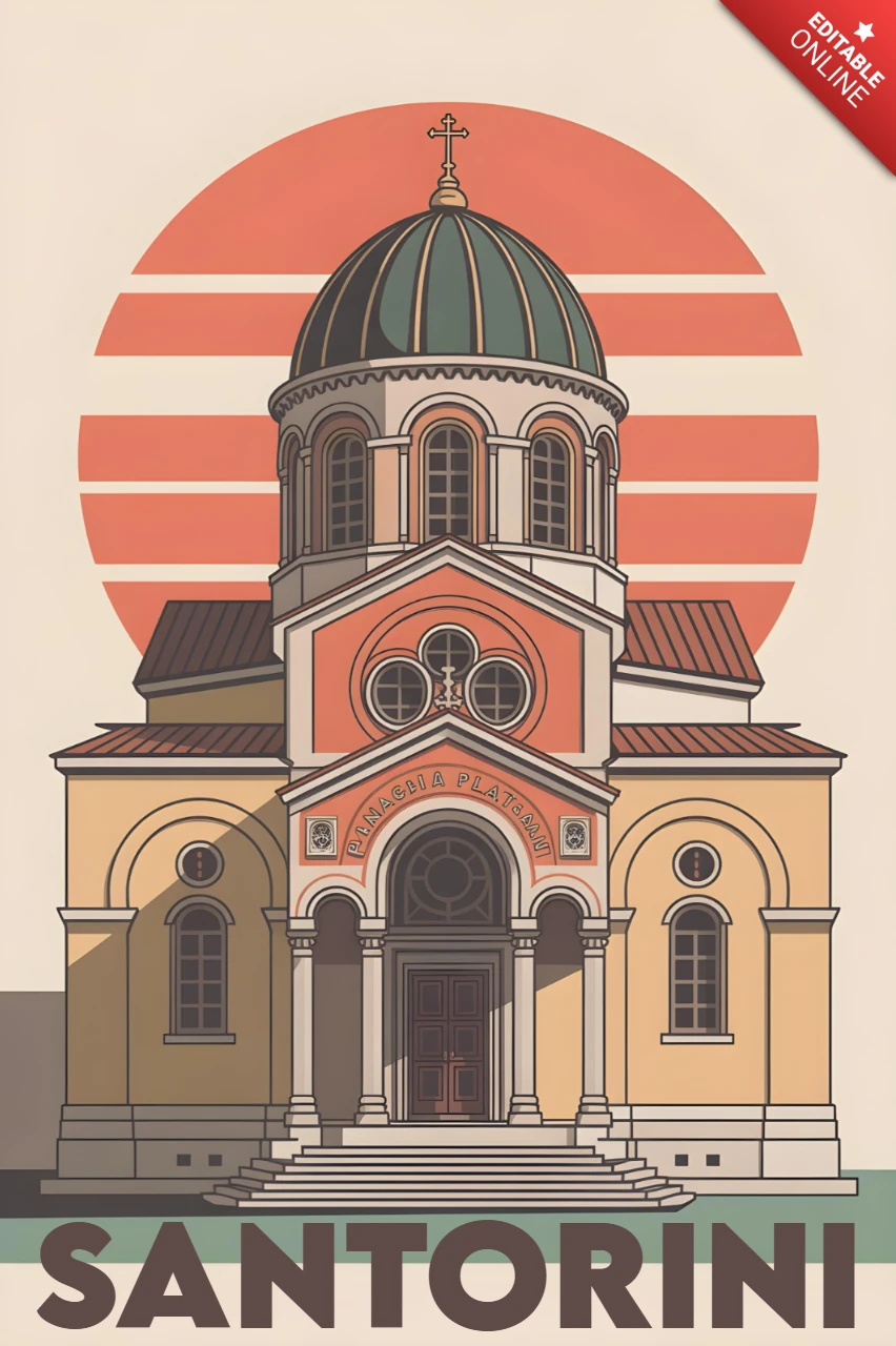 Kubbe çatılı kilise, kemerler ve cesur güneş Santorini seyahat posterleri tasarım şablonu