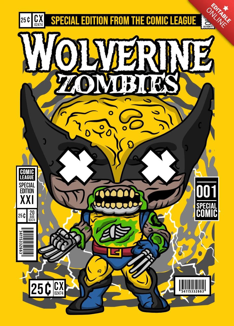 Zombie wolverine personaje de dibujos animados plantilla de diseño de portada de revista