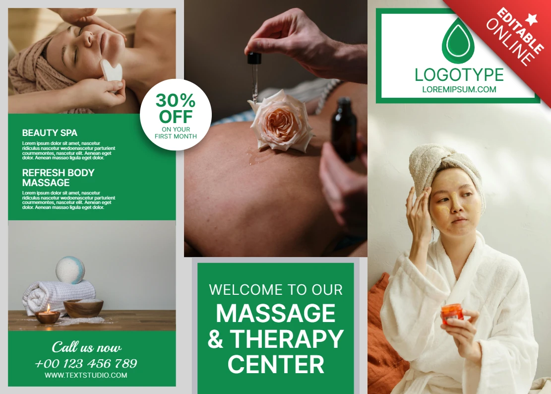 Elegante spa therapiecentrum brochure sjabloonontwerp met ontspannende massagebeelden